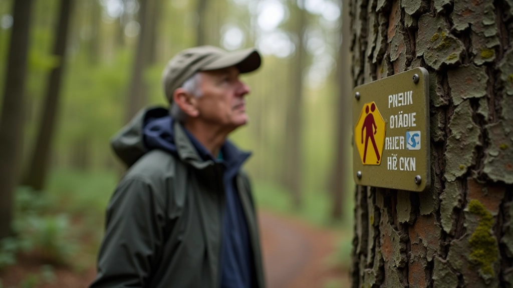 Turista sleduje značku na stromě během procházky po lesní cestě v přírodě
